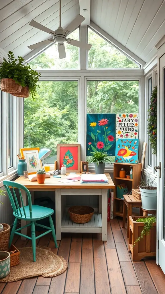 A small screened-in porch with a desk, art supplies, and plants, creating a cozy artistic corner.