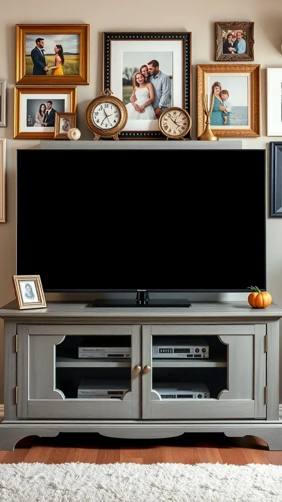 27+ Creative TV Stand Decor Ideas 4 A stylish TV stand decorated with family photos in various frames, clocks, and a small pumpkin.
