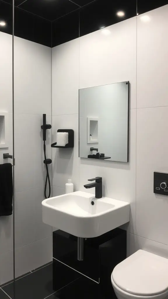 25+ Stunning Black and White Bathroom Ideas You’ll Love 2 A modern black and white bathroom featuring contrasting fixtures.