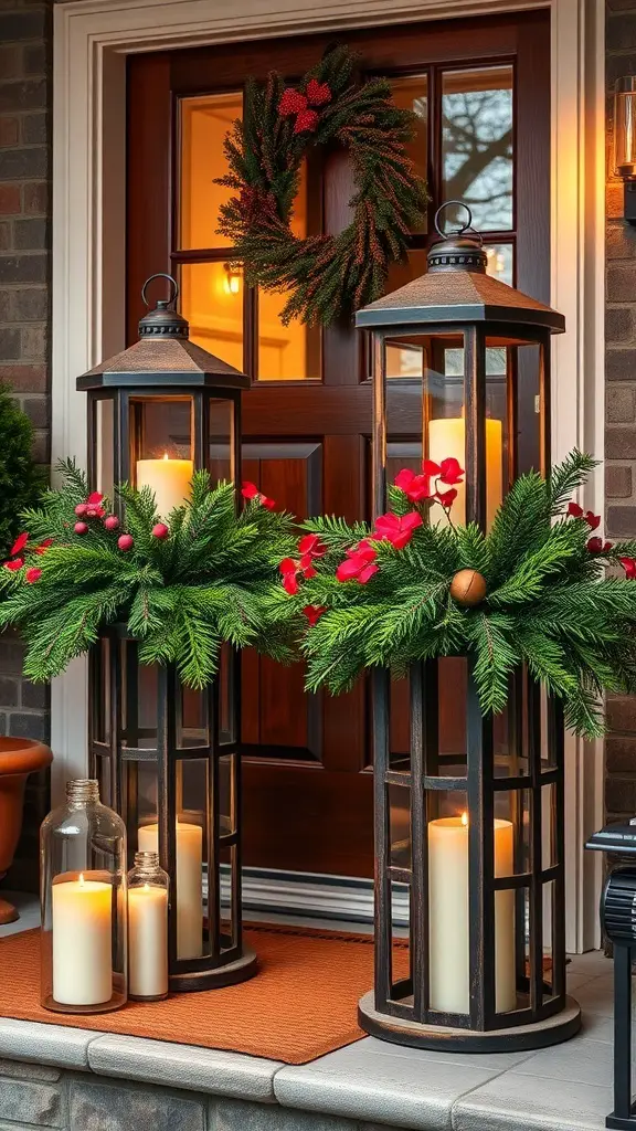 25+ Unique Winter Door Decorations to Brighten Your Home 9 Rustic lantern displays with greenery and candles at a winter door