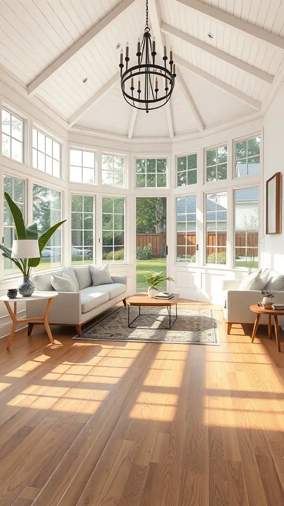 A bright sunroom featuring luxury laminate flooring, large windows, and modern furniture.