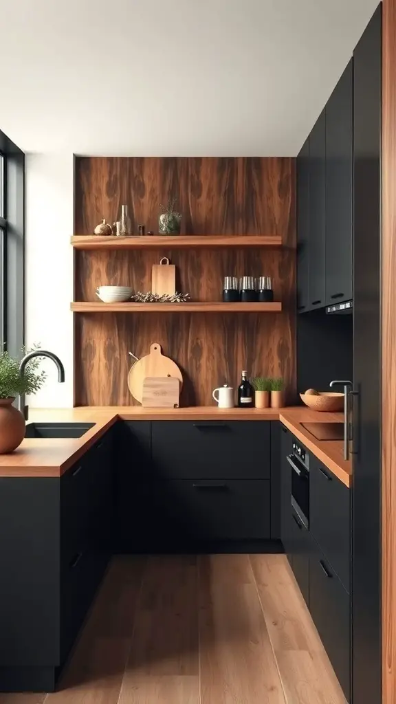 A modern kitchen featuring matte black cabinets and natural wood countertops and shelves.