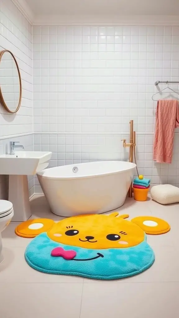 27+ Whimsical Kids Bathroom Ideas for a Fun and Functional Space 13 A colorful bath mat shaped like a cheerful animal in a kids' bathroom.