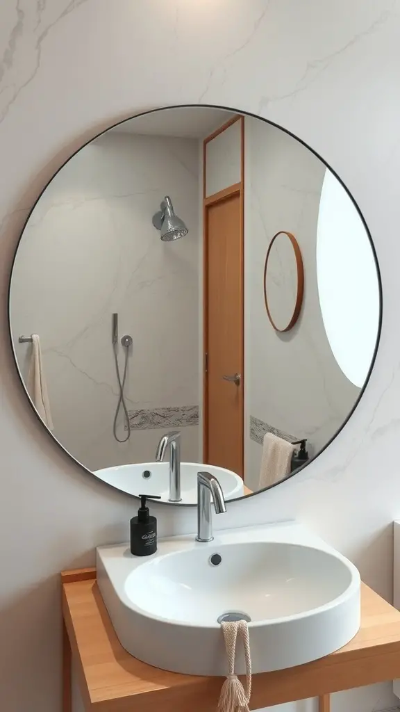 25+ Creative Bathroom Mirror Ideas to Elevate Your Space 4 A modern bathroom featuring a round mirror above a sleek sink, with a minimalist design.