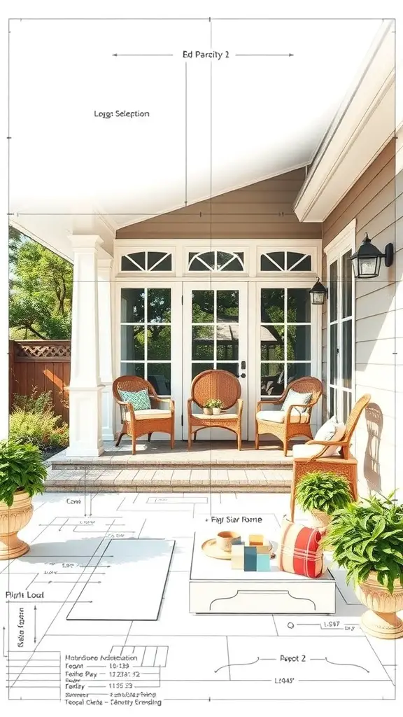 29+ Stunning Porch to Sunroom Conversion Ideas to Transform Your Home 8 A cozy porch with seating and plants, designed for conversion into a sunroom.