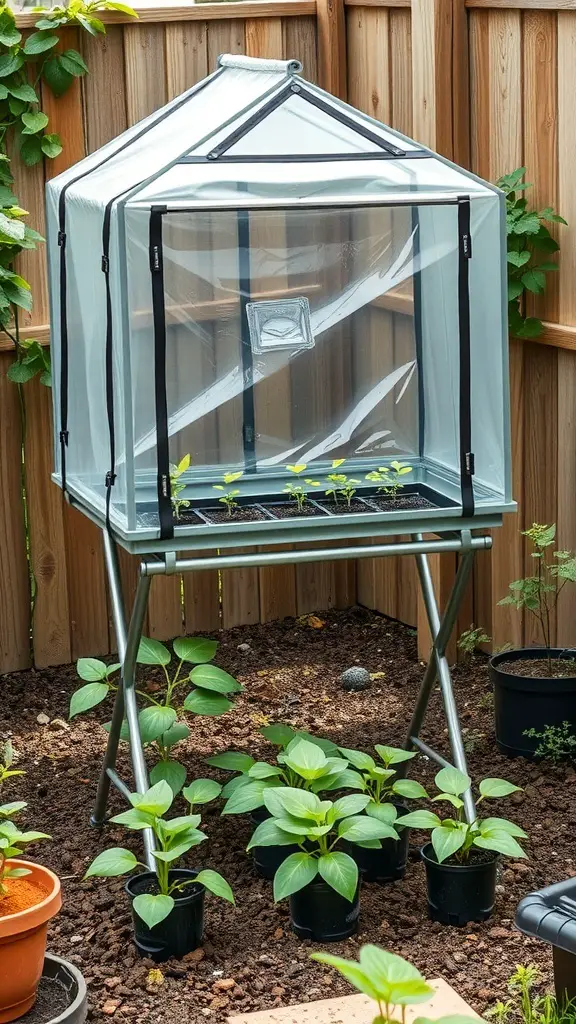 29+ Creative DIY Greenhouse Table Ideas for Your Garden 5 A compact folding greenhouse table with a clear cover, showcasing young plants and pots in a small garden setting.