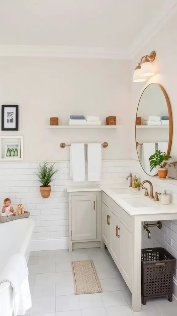 A functional family bathroom featuring a double sink, bathtub, and organized storage.