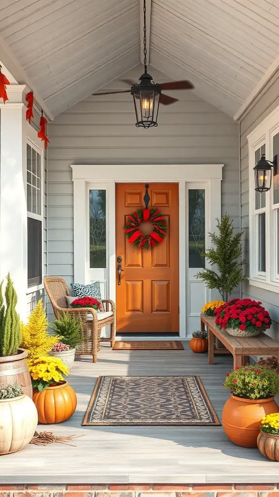 23+ Inspiring Three Season Porch Ideas to Transform Your Space 14 A beautifully decorated porch for fall with pumpkins, flowers, and a welcoming door.