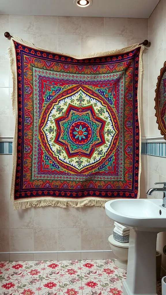 25+ Trending Bathroom Wall Decor Ideas You’ll Love 8 A colorful tapestry with intricate patterns hanging on a bathroom wall.