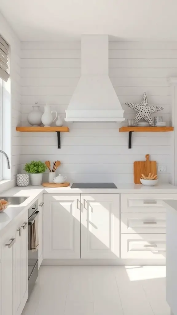 Bright coastal kitchen with white shiplap backsplash and wooden shelves