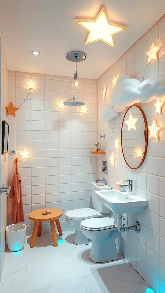 27+ Whimsical Kids Bathroom Ideas for a Fun and Functional Space 6 A whimsical kids bathroom with star-shaped lighting fixtures and cloud decorations.
