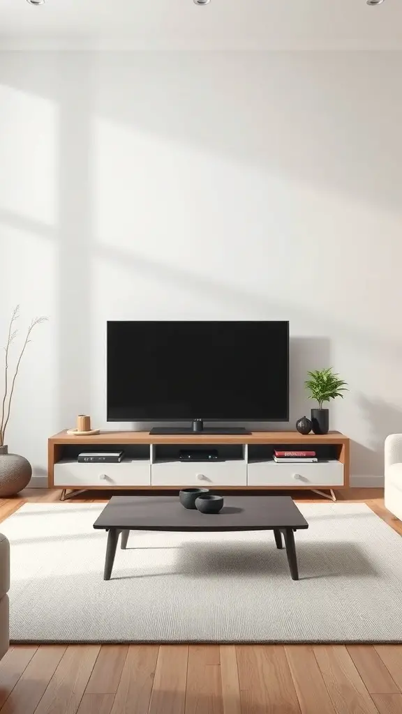 A modern minimalist TV stand with a sleek design, featuring a combination of wood and white finishes, open shelves, and a plant.