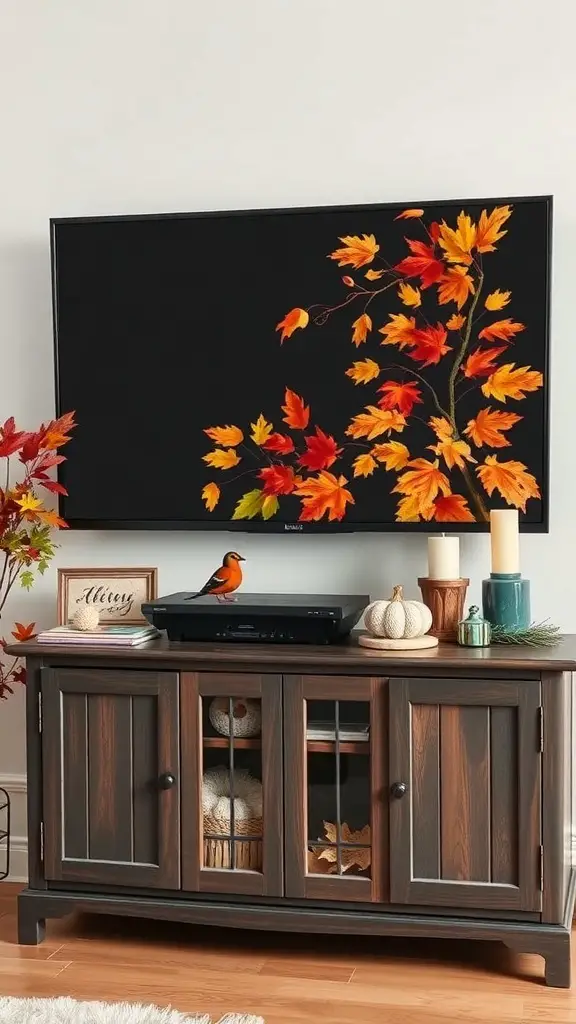 A TV console decorated for fall with autumn leaves, a bird, and pumpkins.