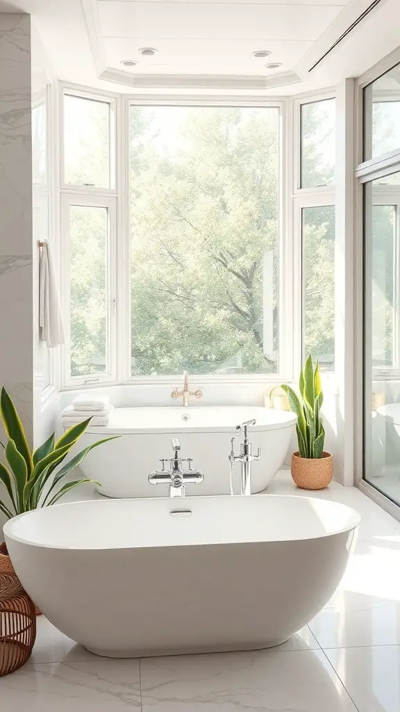 29+ Stunning Bathroom Interior Design Ideas for a Chic Retreat 10 Bright bathroom with large windows, a modern bathtub, and plants