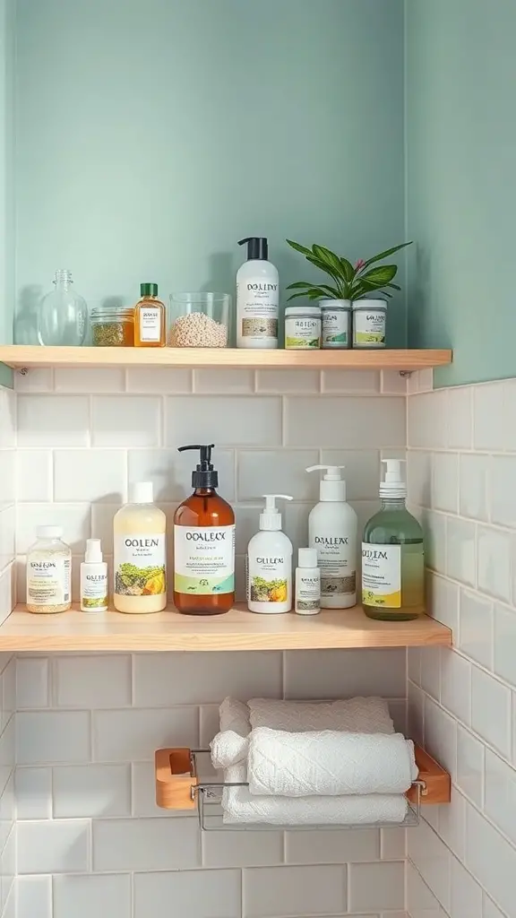 A shelf in a green bathroom displaying various biodegradable toiletries and neatly folded towels.