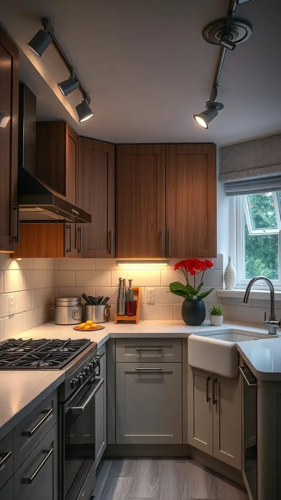 A modern kitchen featuring track lighting over the countertop and stove, highlighting the workspace.