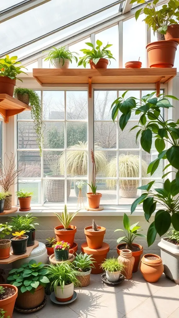 29+ Stunning Attached Greenhouse Sunroom Ideas for Your Home 12 A sunroom filled with various potted plants and wooden shelves.
