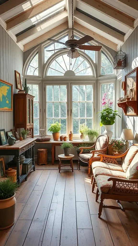 29+ Charming Vintage Sunroom Ideas for a Timeless Retreat 12 A vintage sunroom featuring wooden beams, large windows, wicker chairs, and potted plants.
