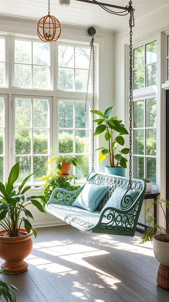 27+ Charming Small Sunroom Ideas to Brighten Your Home 16 A sunroom featuring a swing chair surrounded by plants and natural light.
