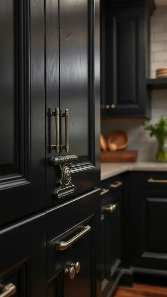 Close-up of rustic black kitchen cabinets with various hardware options