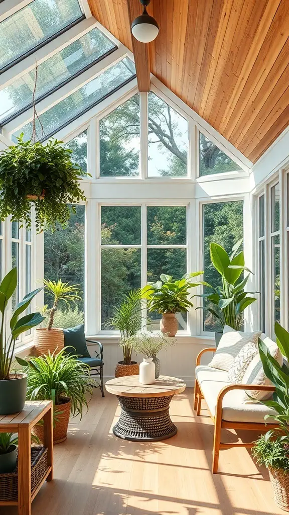 29+ Stunning Porch to Sunroom Conversion Ideas to Transform Your Home 3 A bright and inviting sunroom with plants and comfortable seating