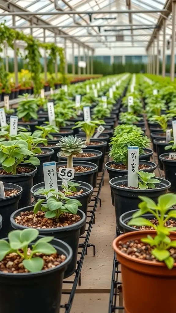 A greenhouse filled with potted plants, each labeled for easy identification.