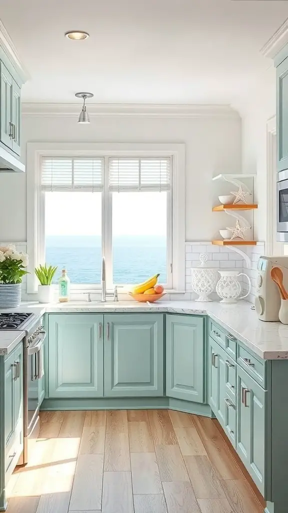 A bright kitchen featuring soft seafoam green cabinets, a view of the ocean, and natural wood flooring.