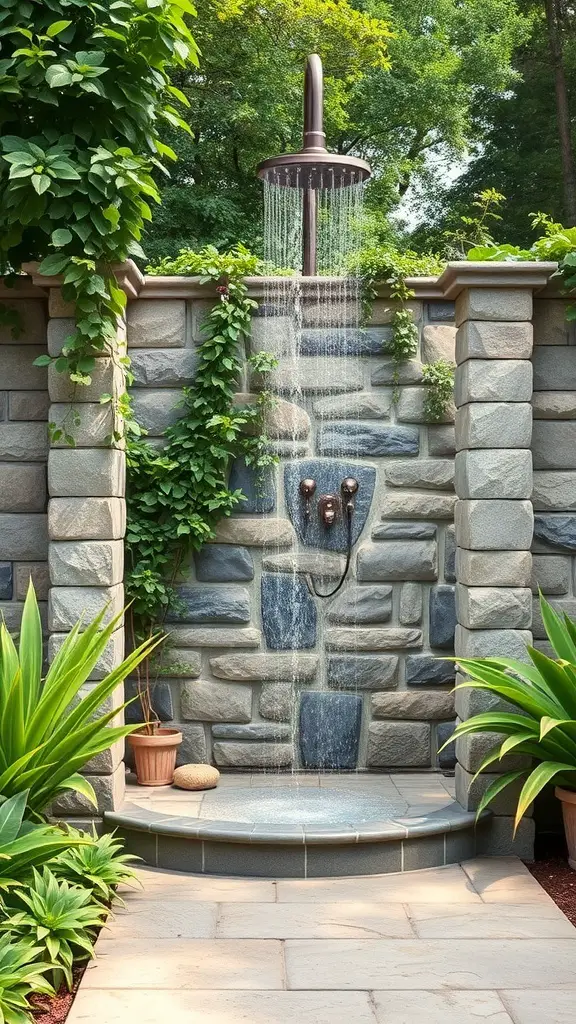 23+ Creative Garden Shower Ideas 4 Outdoor shower with natural stone walls surrounded by greenery
