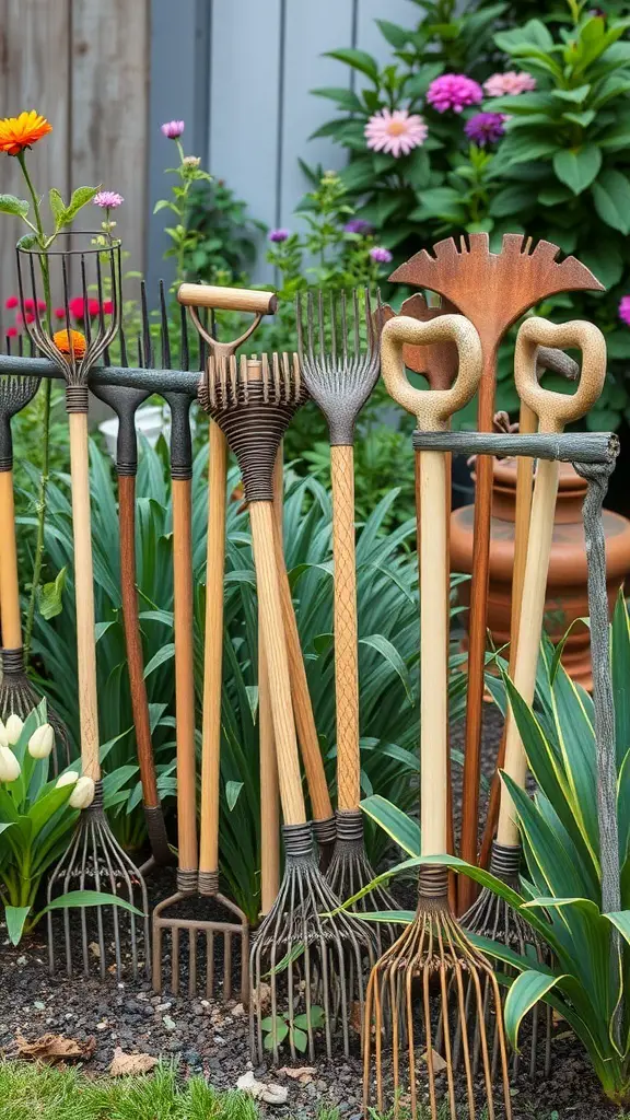 A collection of various garden rakes displayed among colorful flowers.