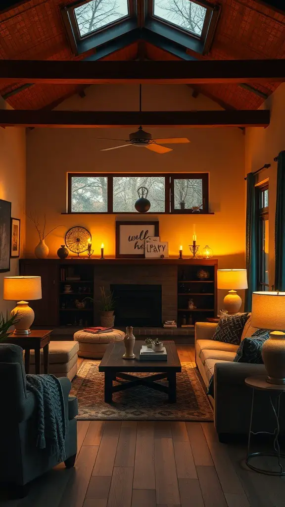 29+ Stunning Family Room Addition Ideas for Your Home 3 Cozy family room with warm lighting and high ceilings