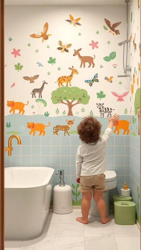 27+ Whimsical Kids Bathroom Ideas for a Fun and Functional Space 2 A child interacting with colorful animal wall decals in a bathroom.