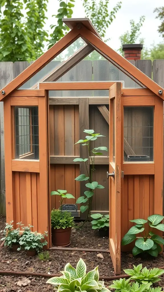 23+ Creative and Affordable DIY Greenhouse Ideas to Try 5 A mini greenhouse made from old wooden doors, featuring a sloped roof and plants inside.