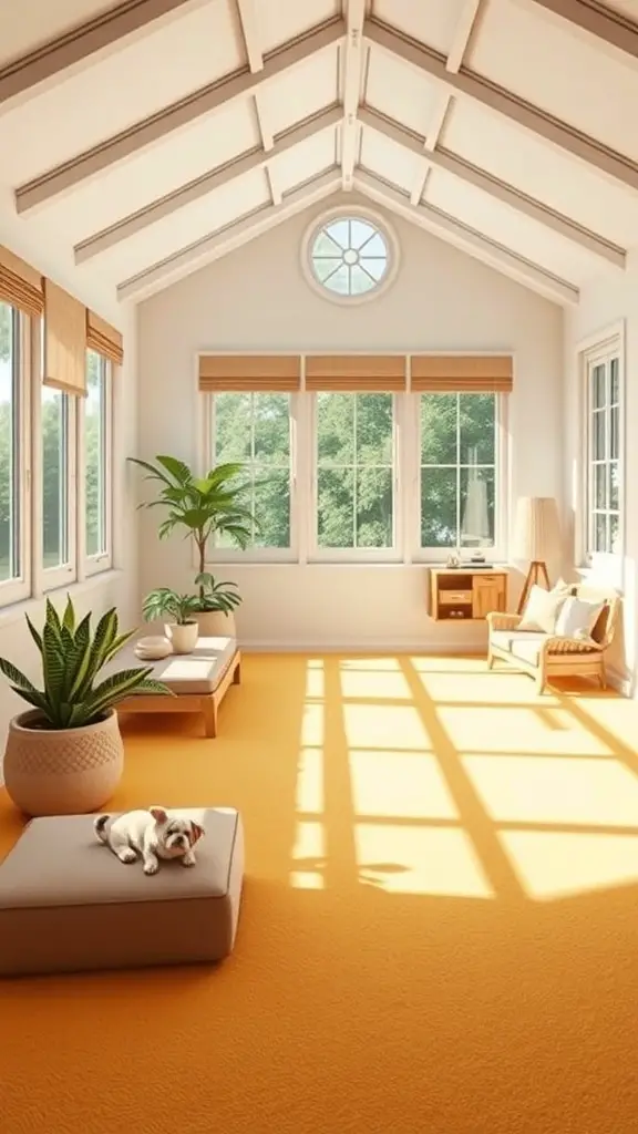 Bright sunroom with soft orange foam tiles and a cozy seating area