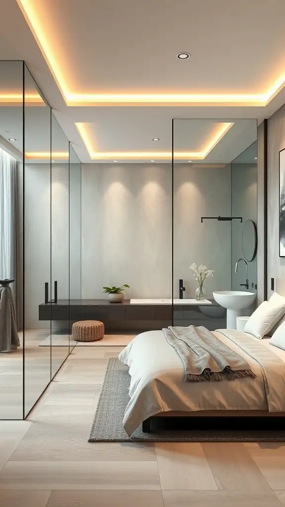 29+ Stunning Bathroom Interior Design Ideas for a Chic Retreat 4 Stylish open concept bathroom merging with bedroom, featuring glass walls and minimalistic decor.