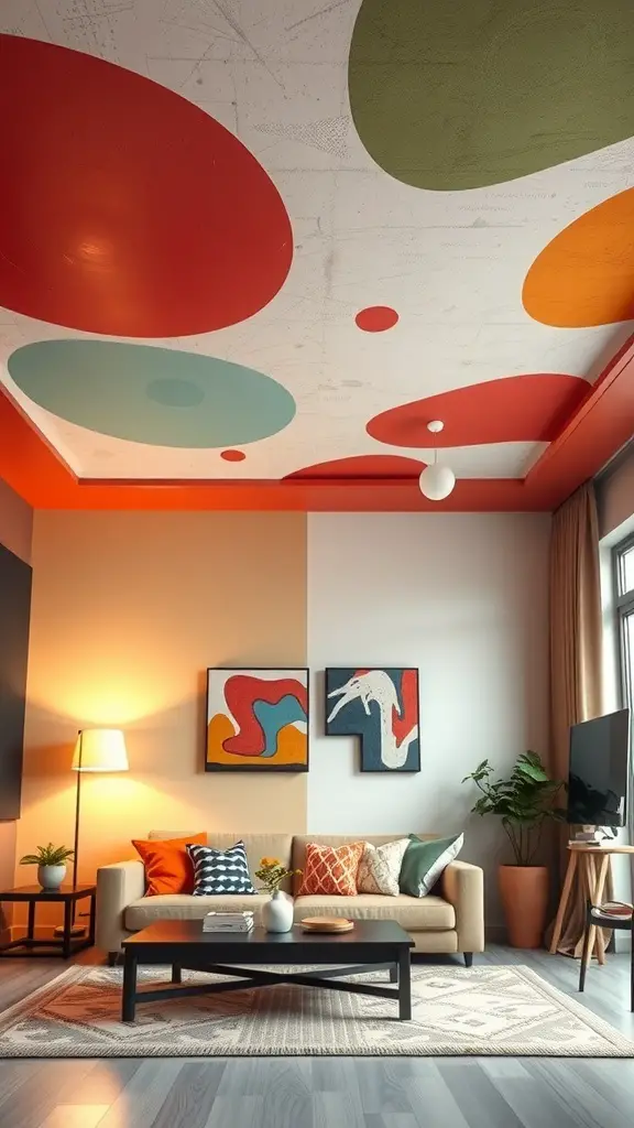 A funky living room with a colorful ceiling featuring red, green, and blue shapes.