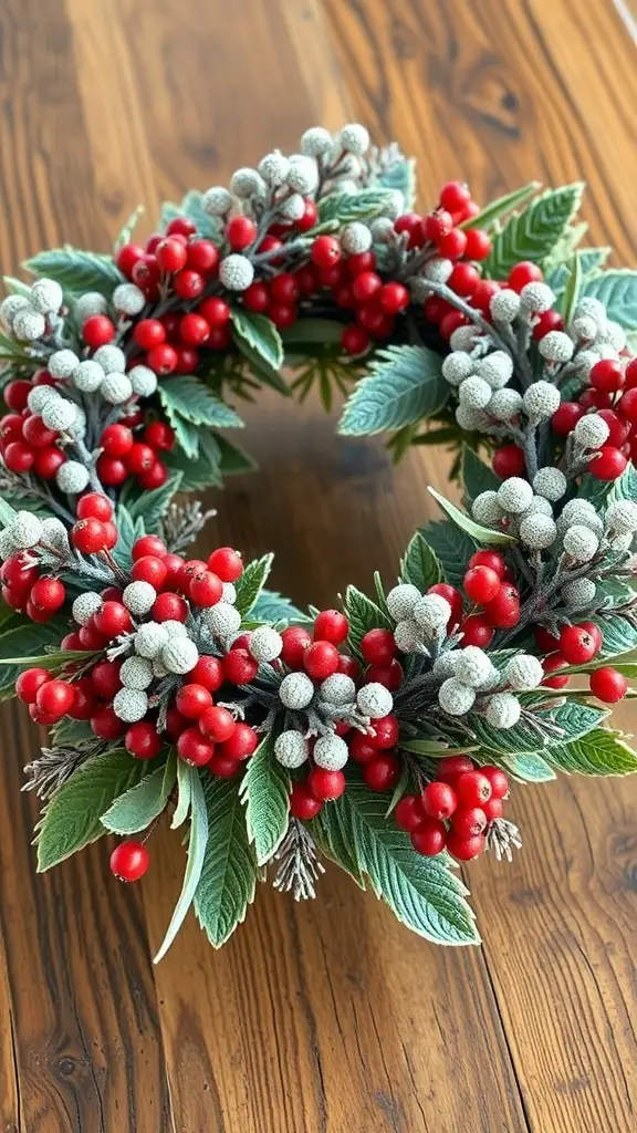 A frosted berry wreath with red berries and green leaves on a wooden table.