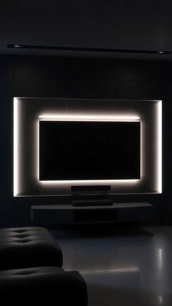 25+ Creative TV Wall Paneling Ideas for a Stylish Living Room 8 A modern TV wall with LED backlighting creating a sleek and stylish look.