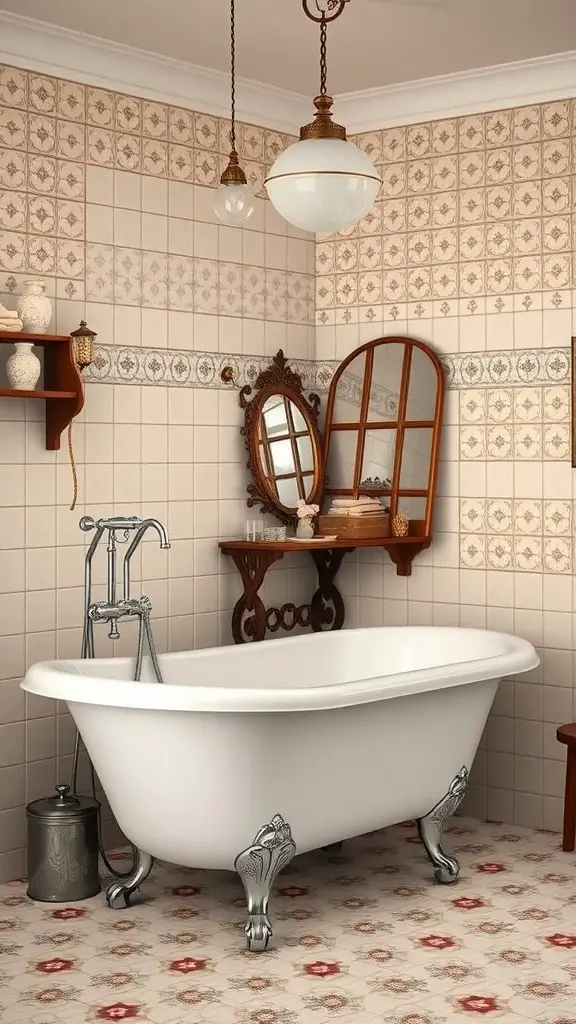 29+ Stunning Bathroom Interior Design Ideas for a Chic Retreat 2 A vintage-style bathroom featuring a clawfoot bathtub, patterned tiled walls, and classic lighting.