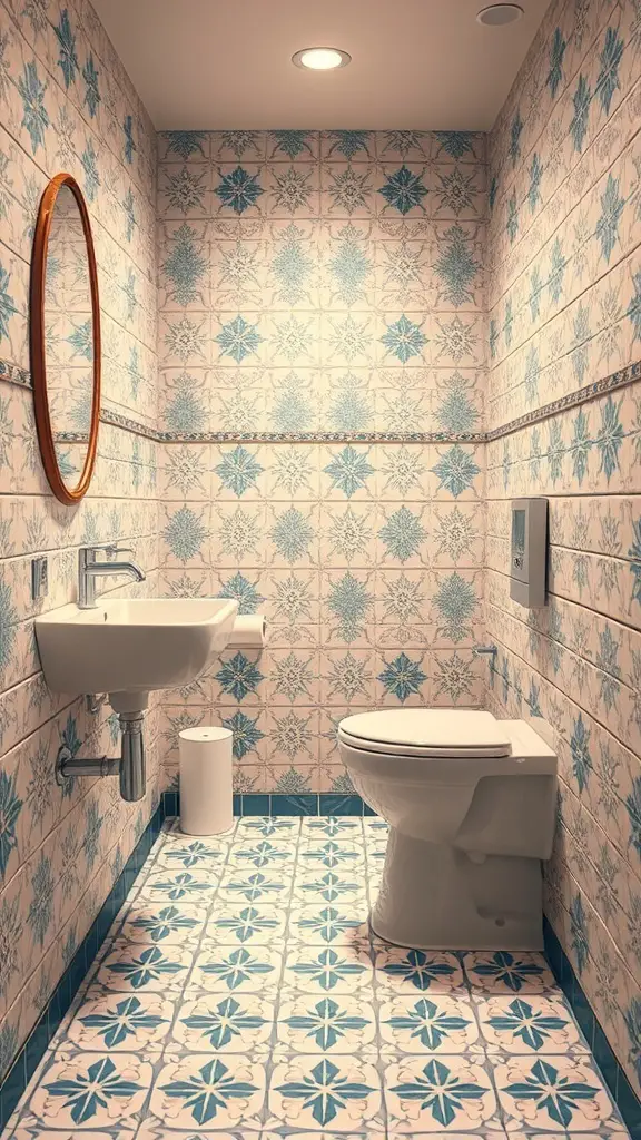 Small bathroom with creative tile patterns in blue and white.