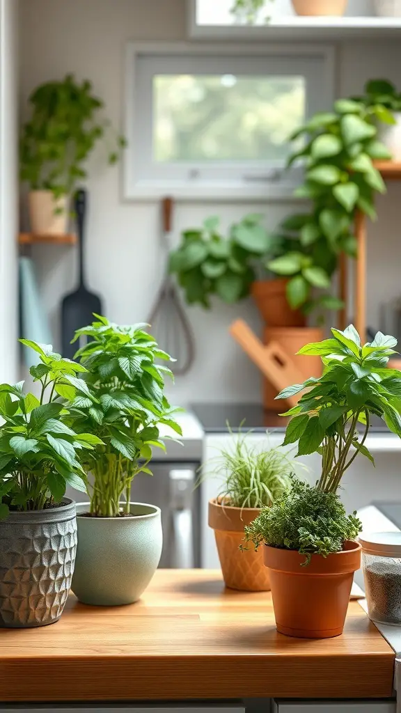 A kitchen countertop with various potted herbs and greens, showcasing a vibrant gardening space.
