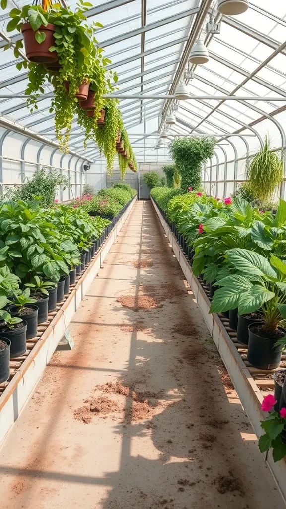 A well-organized greenhouse with rows of potted plants and hanging greenery.