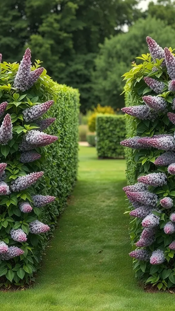 A pathway lined with blooming lilac bushes creating a hedge in a garden.
