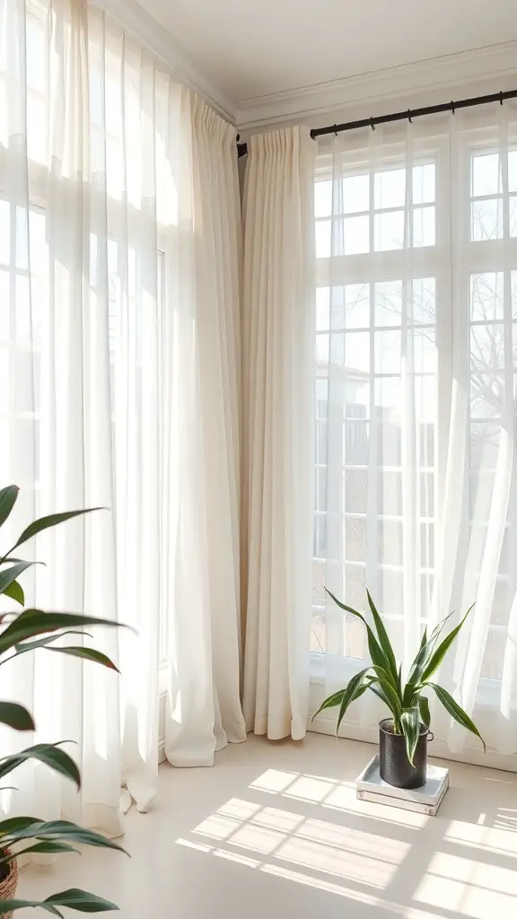 Bright sunroom with sheer curtains and plants