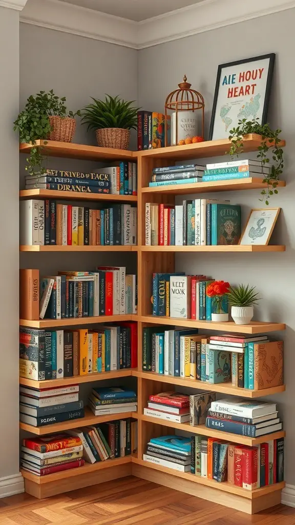 A creatively arranged corner bookshelf filled with colorful books, plants, and decorative items.