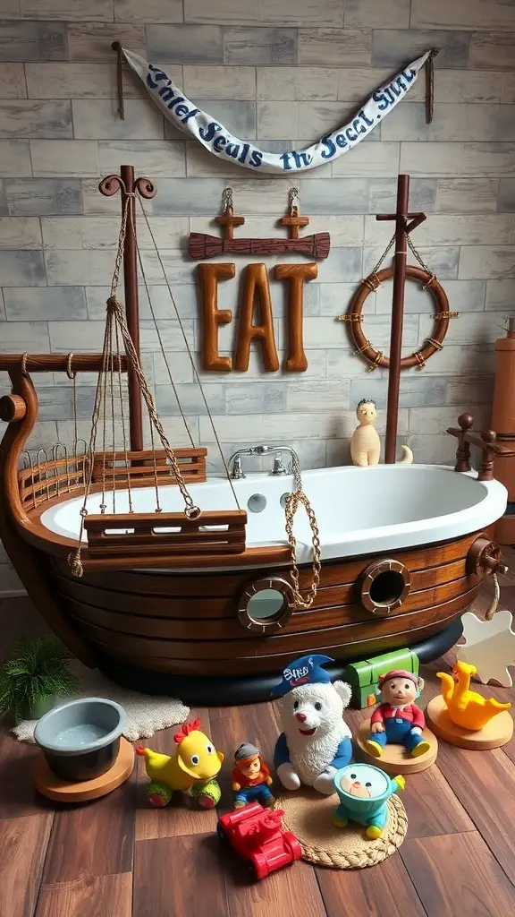 27+ Whimsical Kids Bathroom Ideas for a Fun and Functional Space 4 A bathtub designed like a pirate ship, surrounded by colorful toys and nautical decor.