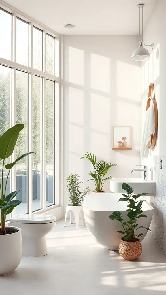 A bright bathroom with large windows, plants, and modern fixtures.