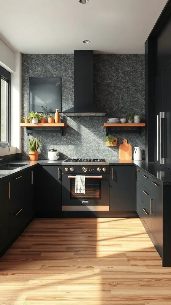 A modern kitchen featuring black cabinets, wooden shelves, and natural light.