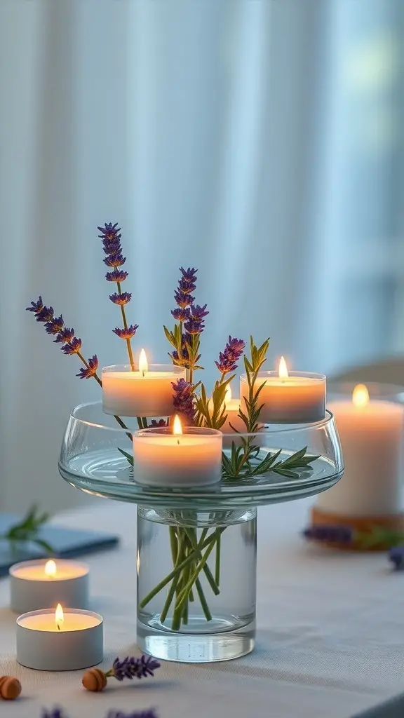 A centerpiece with floating candles and lavender sprigs