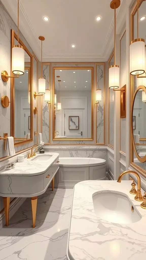 29+ Stunning Bathroom Interior Design Ideas for a Chic Retreat 3 Luxurious bathroom interior featuring marble surfaces and gold accents.