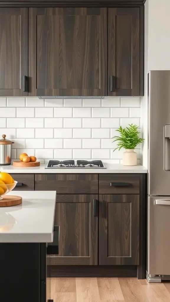 A modern kitchen featuring dark cabinets and a white shiplap backsplash.